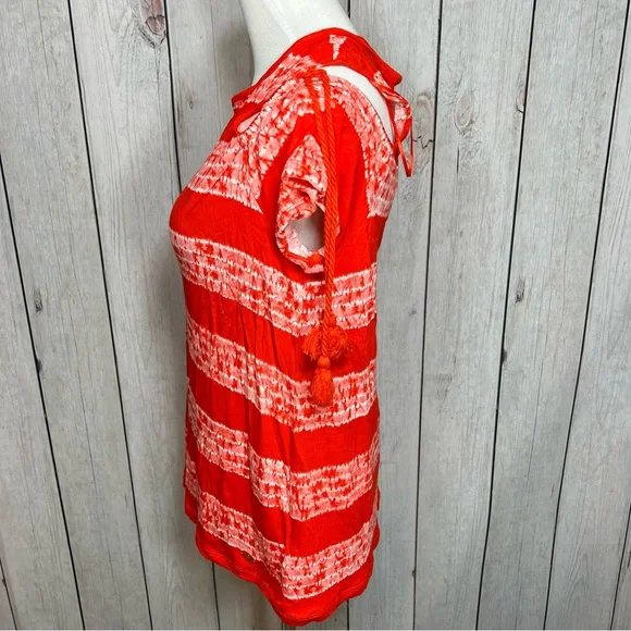 Michael Kors Women’s Large Red Dark Clementine Cold Shoulder Tassled Top Blouse - Picture 3 of 10